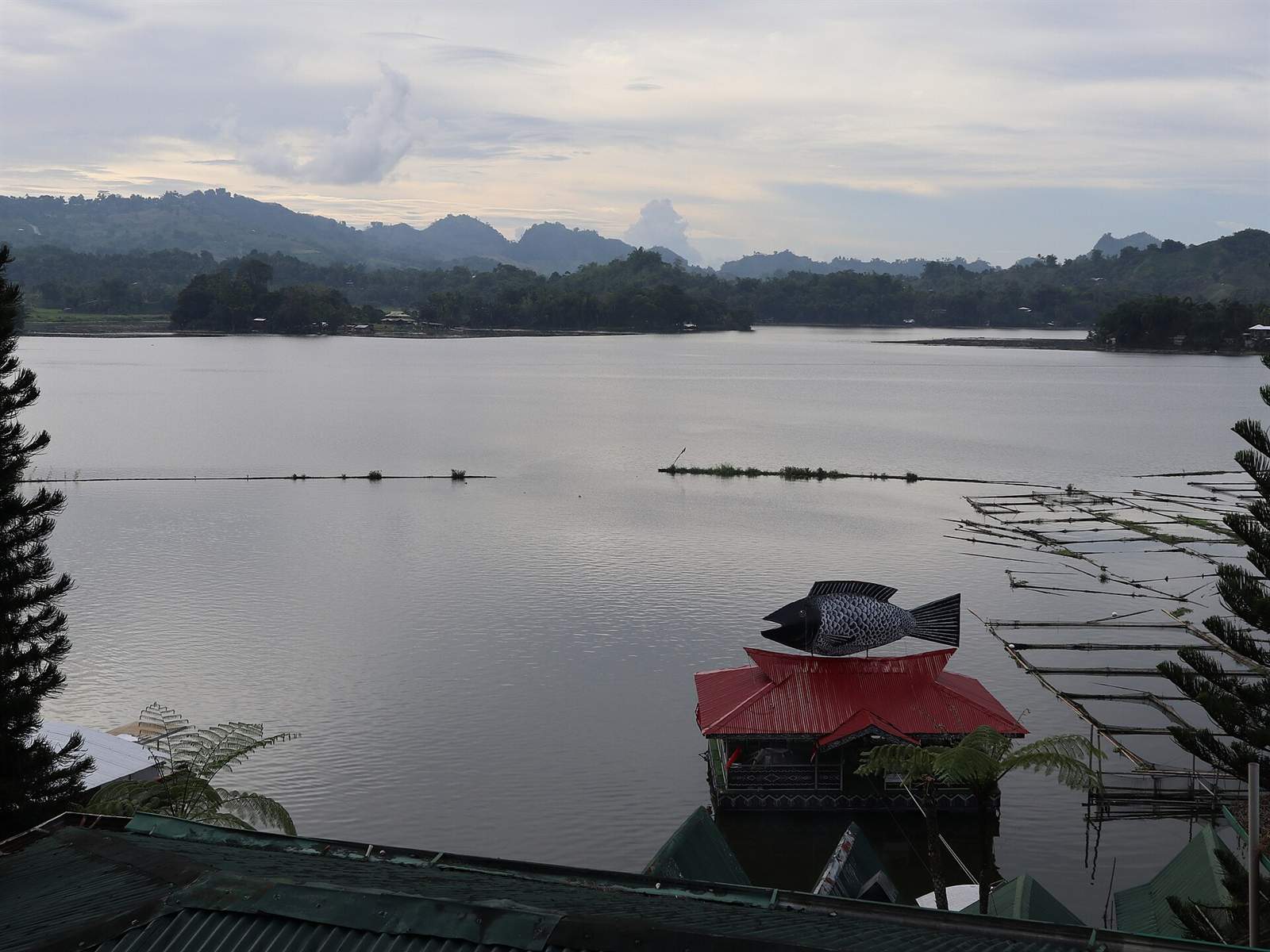 Lake Sebu seen from Punta Isla, with fish cages on the water, Lake Sebu, South Cotabato